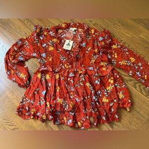 Easel Red Floral Blouse with Blue Accents